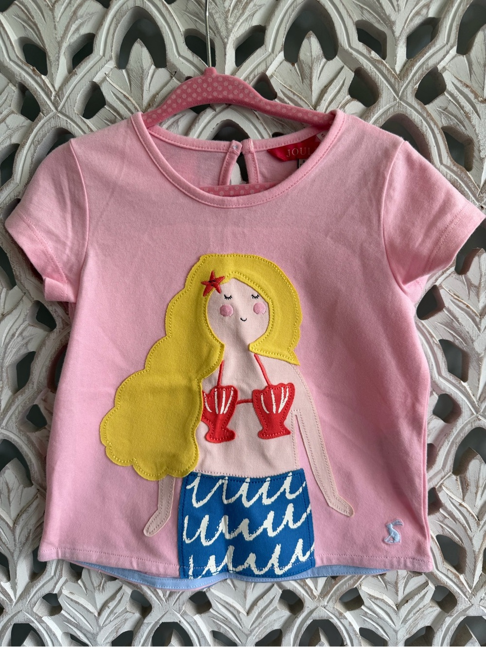 Joules Pink Mermaid Appliqué Girls' Short Sleeve Top, 3Y